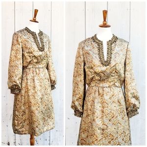 Vintage 1960s Designer Gold Paisley Dress Size M/L